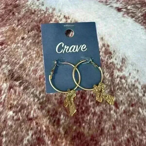 Crave gold‎ drop hoop cross earrings